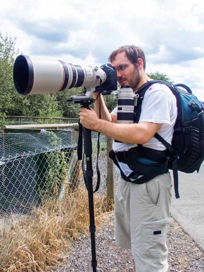 Canon 1D mk.IV with Canon EF 400mm f/2.8 IS USM supported by a Gitzo GM3340L Monopod with Manfrotto 357 Plate. Canon EF 70-200mm f/2.8 IS II USM suspended from a Kata HB-205 GDC Hiker Backpack by a PeakDesign Capture Pro clip.